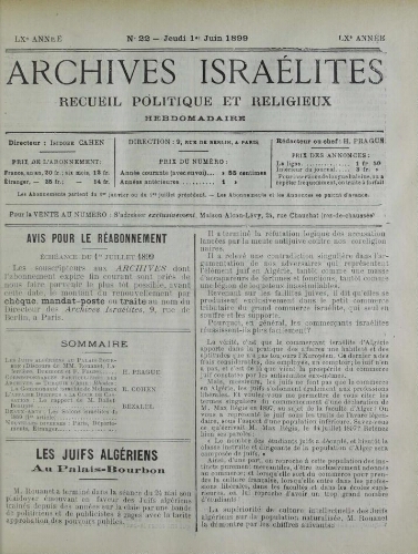 Archives israélites de France. Vol.60 N°22 (01 juin 1899)